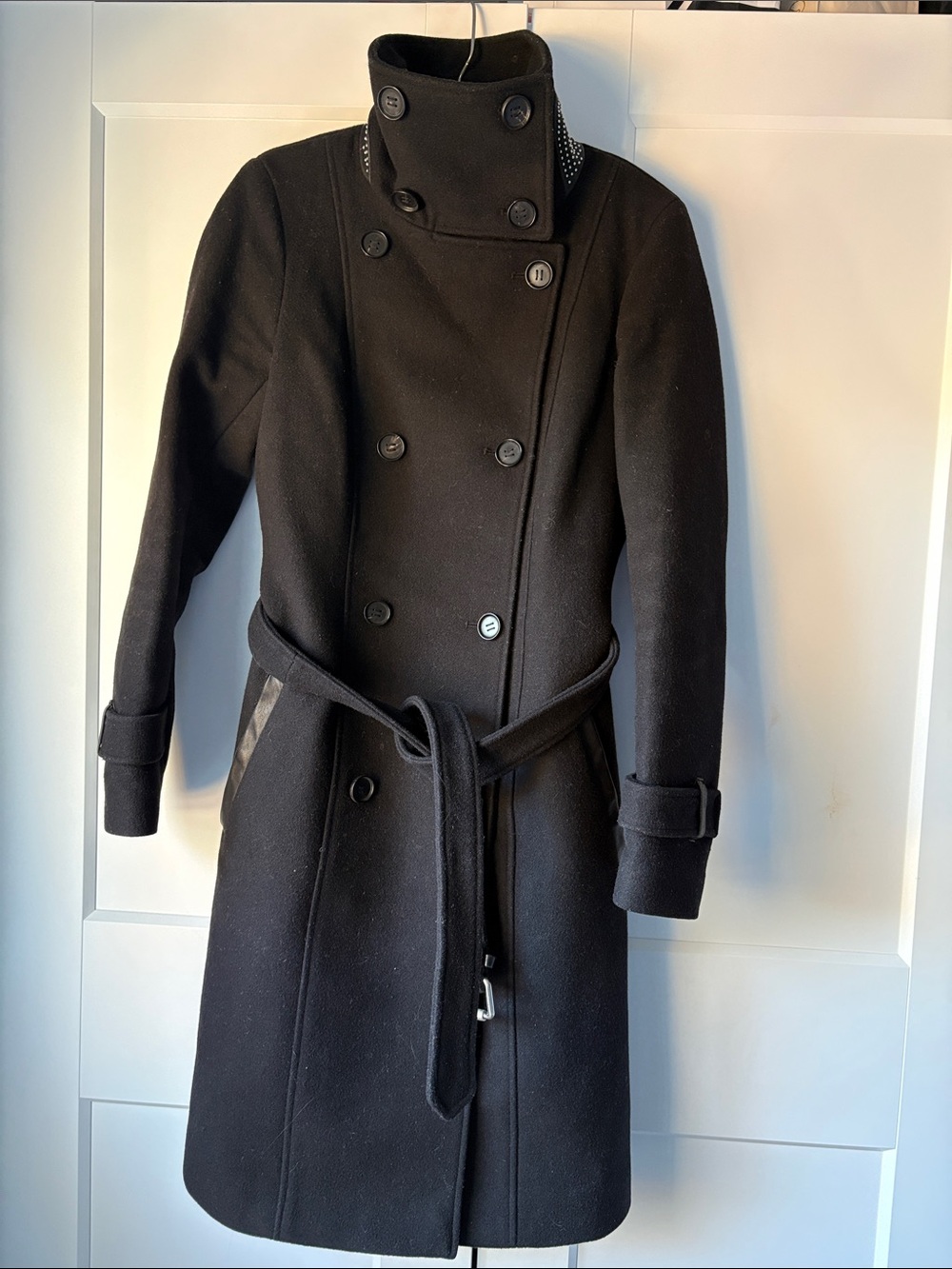 Mackage Black Double-Breasted Belted Wool Coat, Size X-Small